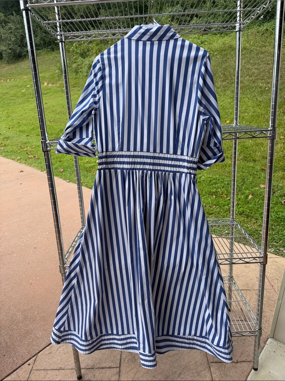 Blue and White Striped Midi Shirt Dress with Waist Detail - Picture 3 of 6